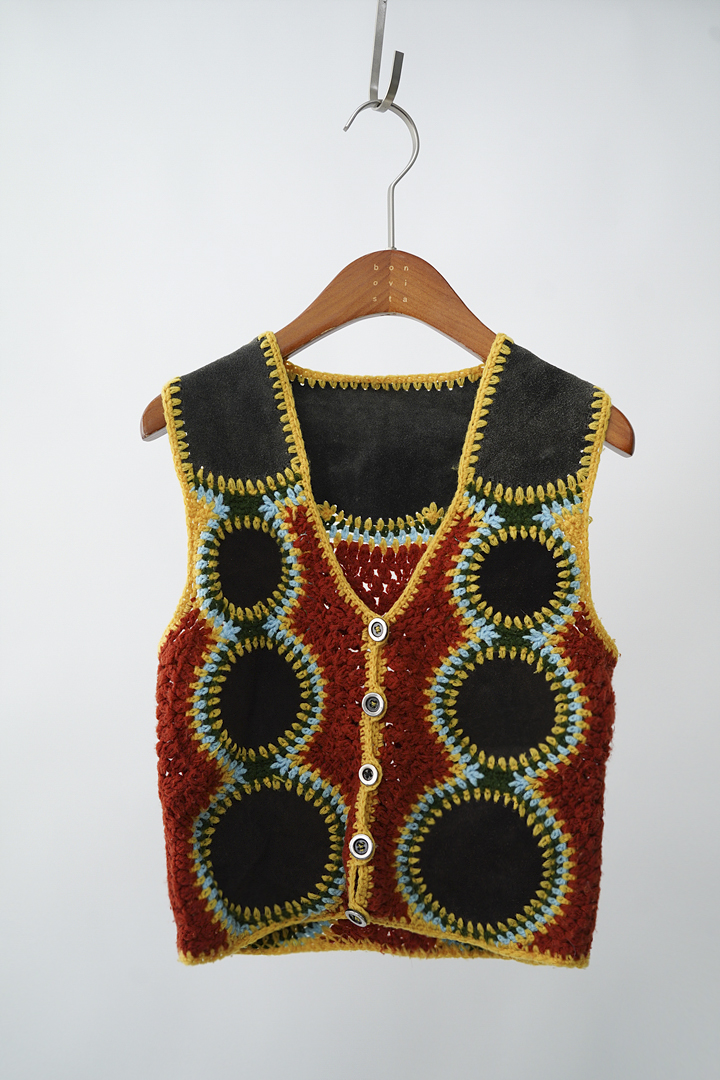 vintage leather &amp; knit crochet vest